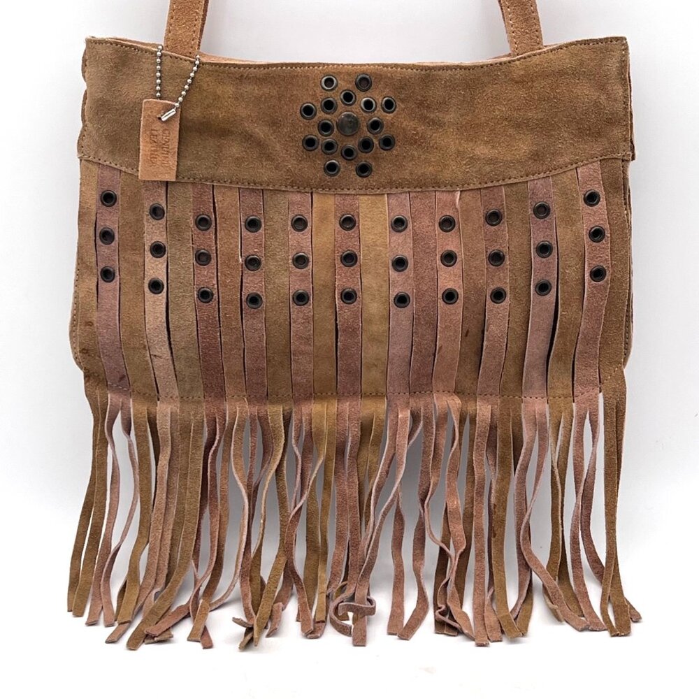 Genuine Leather Fringe Handbag Purse Grommet Brown Shoulder Strap Zip Pockets - Picture 1 of 12